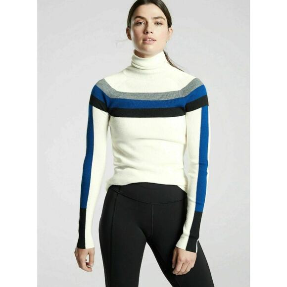 Athleta Small Brookshire Colorblock Ribbed Turtleneck Sweater Blue White Black - Picture 2 of 13